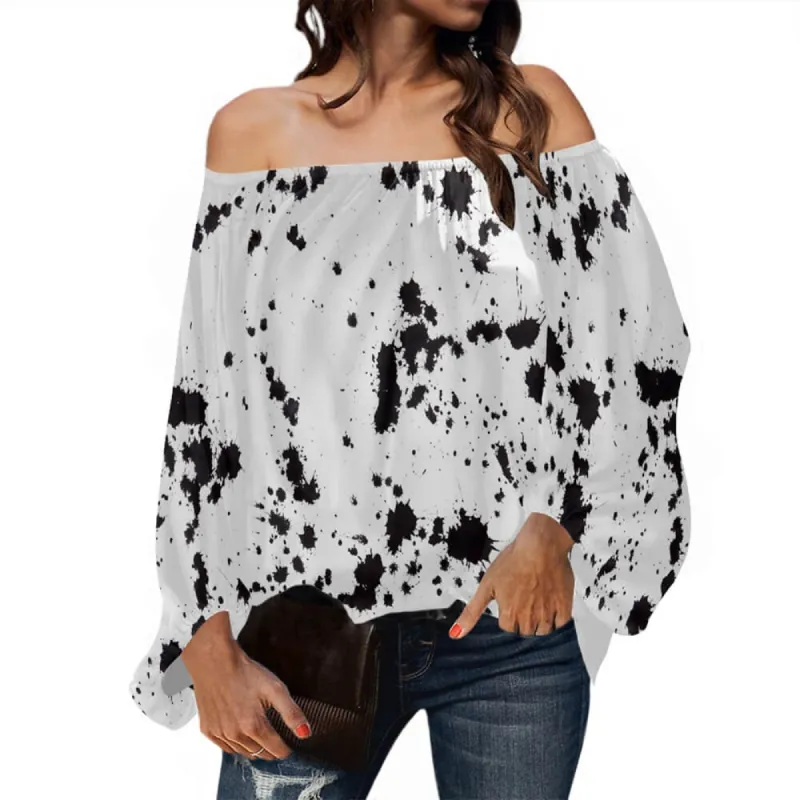 Black Ink-Splashed Print Loose Off-Shoulder Top sold by GTHIC
