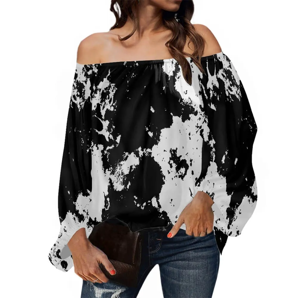 Black And White Ink-Splashed Print Off-Shoulder Top sold by GTHIC