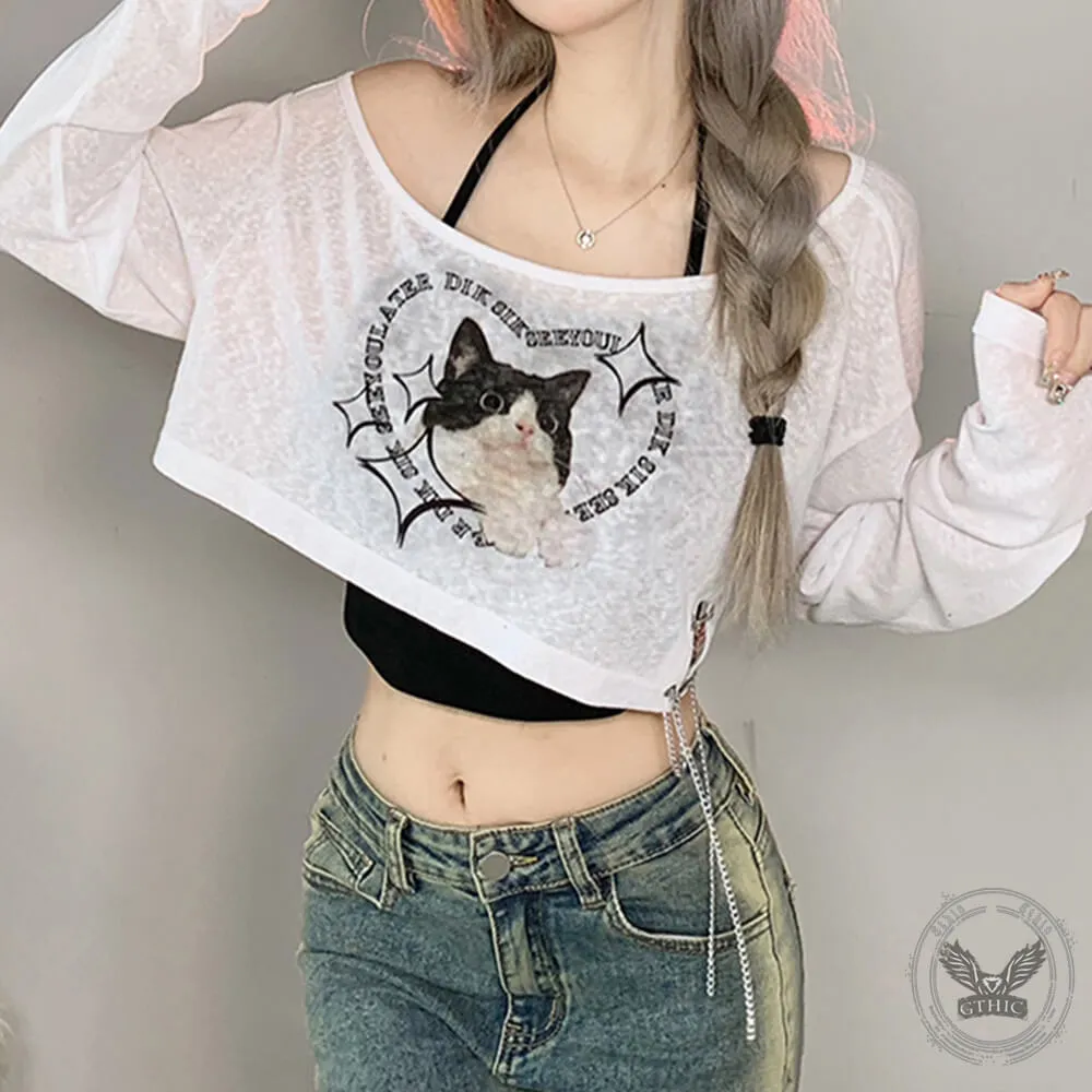 Contrast Color Heart Cat Print Off-Shoulder Halter Smock Top sold by GTHIC