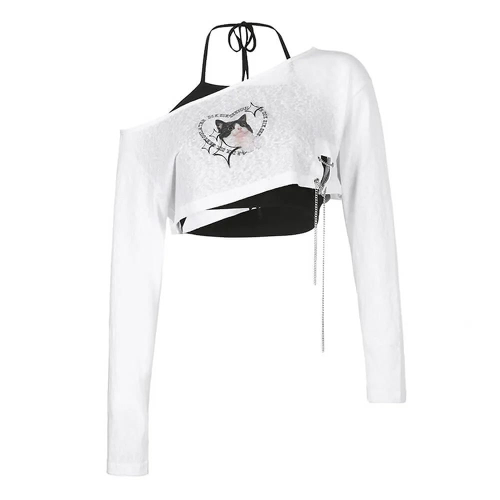 Contrast Color Heart Cat Print Off-Shoulder Halter Smock Top sold by GTHIC product image thumbnail 4