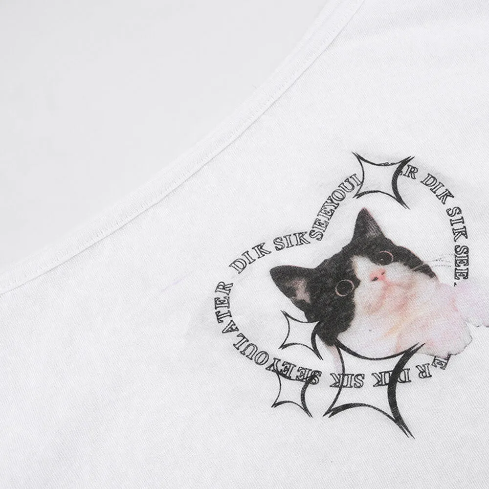 Contrast Color Heart Cat Print Off-Shoulder Halter Smock Top sold by GTHIC product image thumbnail 5