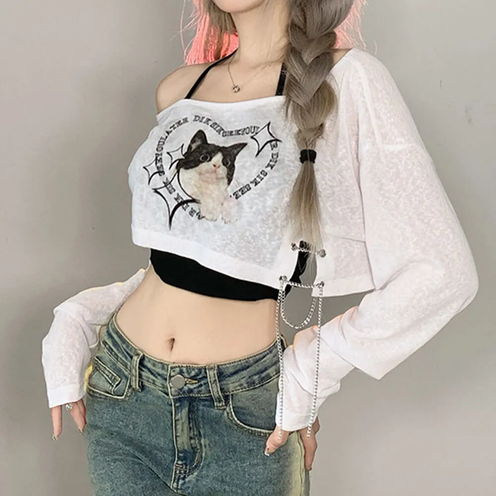 Contrast Color Heart Cat Print Off-Shoulder Halter Smock Top sold by GTHIC product image thumbnail 2