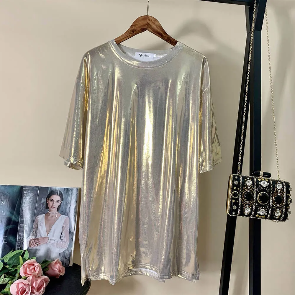 Fashionable Shiny Mid-Length Loose Round Neck T-Shirt sold by GTHIC product image thumbnail 2
