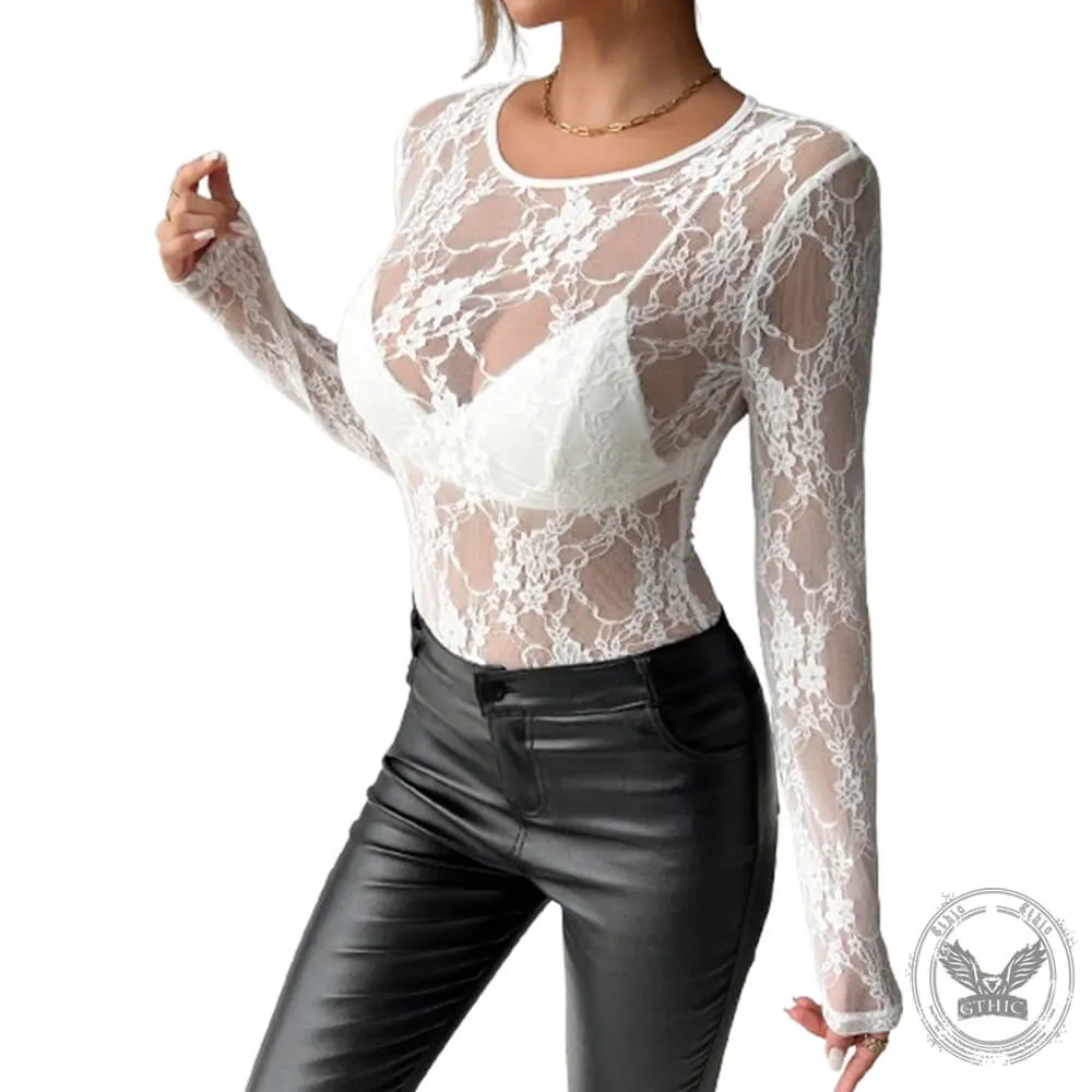 Elegant Single Layer Lace Sheer Slim Round Neck Top sold by GTHIC product image thumbnail 2