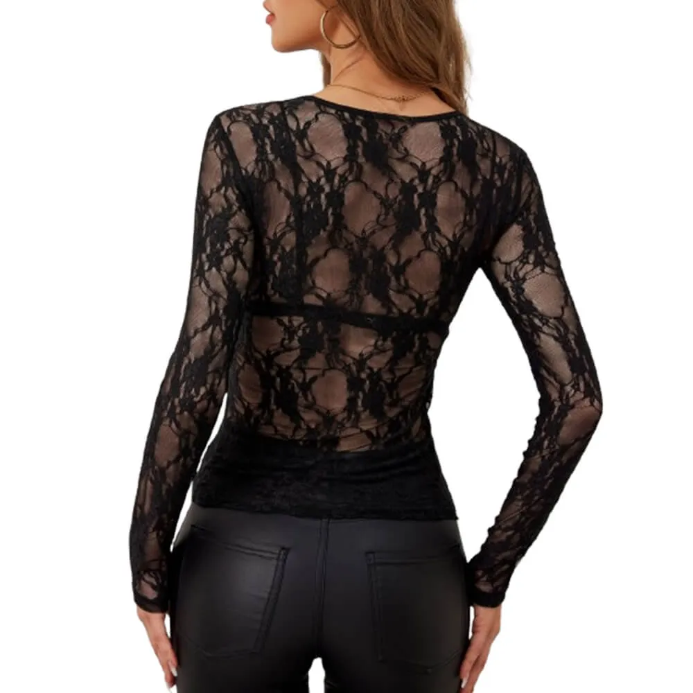 Elegant Single Layer Lace Sheer Slim Round Neck Top sold by GTHIC product image thumbnail 5