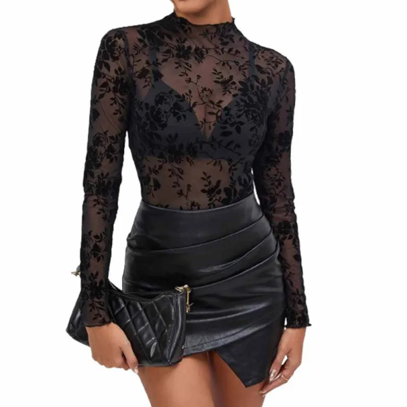 Sexy Single-layer Mesh Floral Stand-up Collar Bottoming Top sold by GTHIC