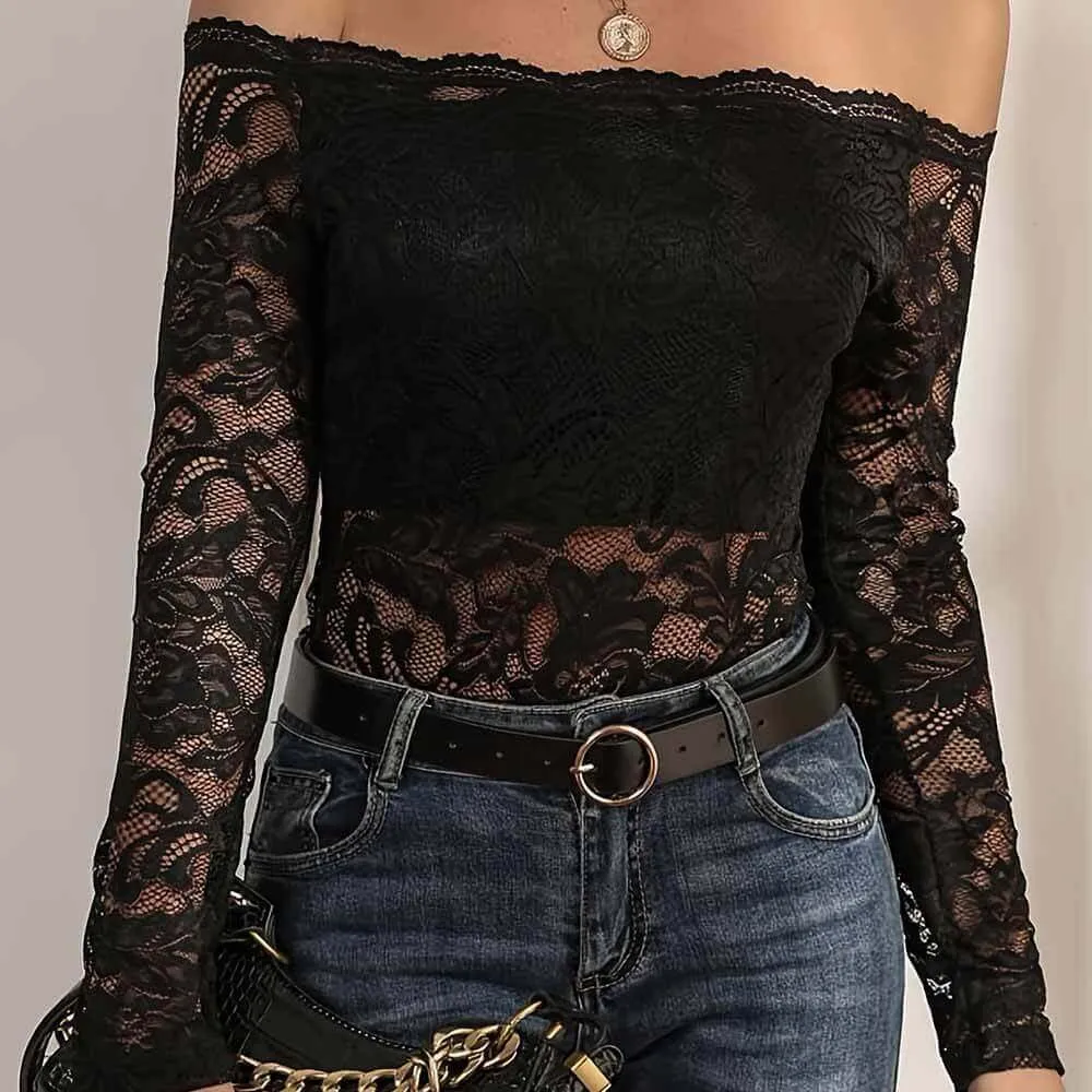 Elegant Off-shoulder Scalloped Collar Lace Slim Fit Top sold by GTHIC product image thumbnail 3