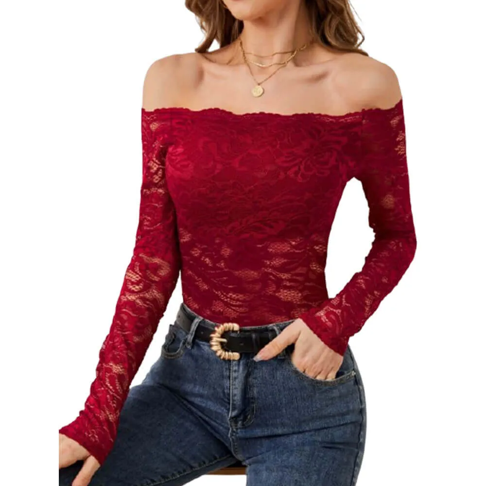 Elegant Off-shoulder Scalloped Collar Lace Slim Fit Top sold by GTHIC product image thumbnail 4