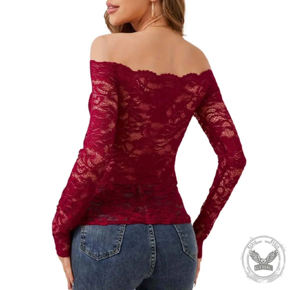 Elegant Off-shoulder Scalloped Collar Lace Slim Fit Top sold by GTHIC product image thumbnail 5