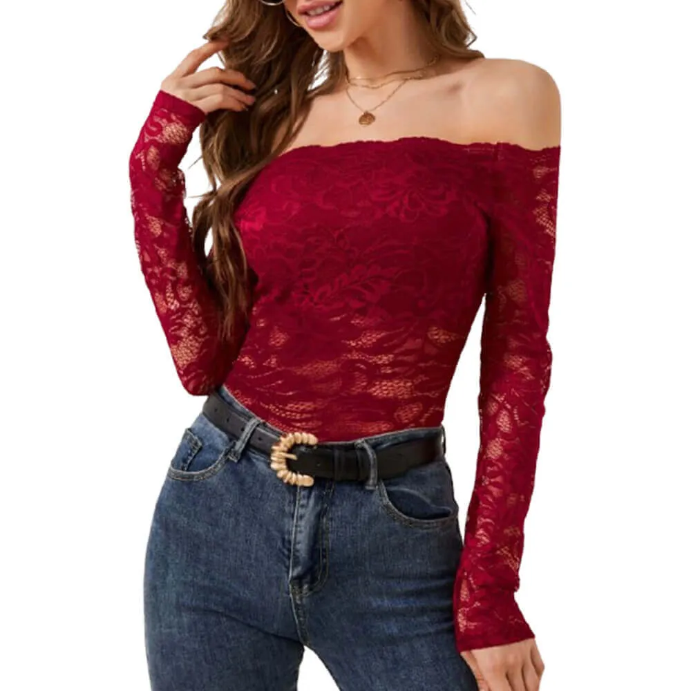 Elegant Off-shoulder Scalloped Collar Lace Slim Fit Top sold by GTHIC