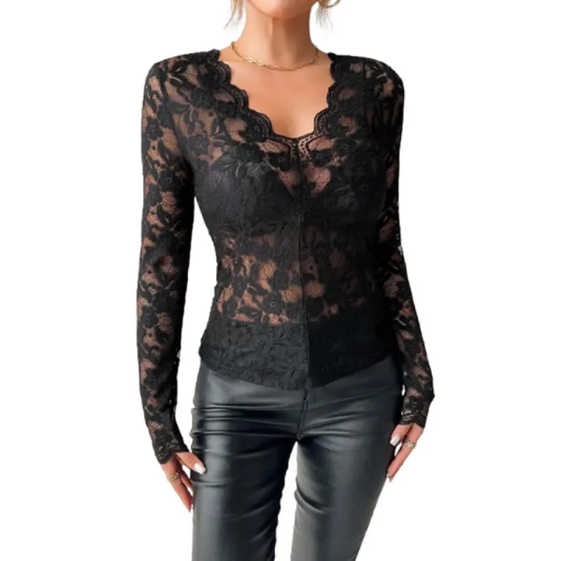 Sexy V-Neck Scalloped Collar Slim Flower Lace Top sold by GTHIC