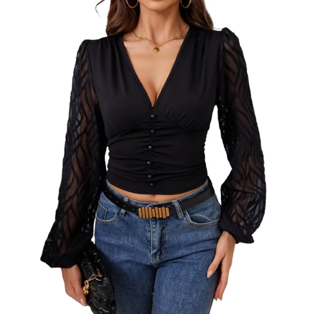 Black Chiffon Lantern Sleeve Pleated V-Neck Top sold by GTHIC product image thumbnail 3