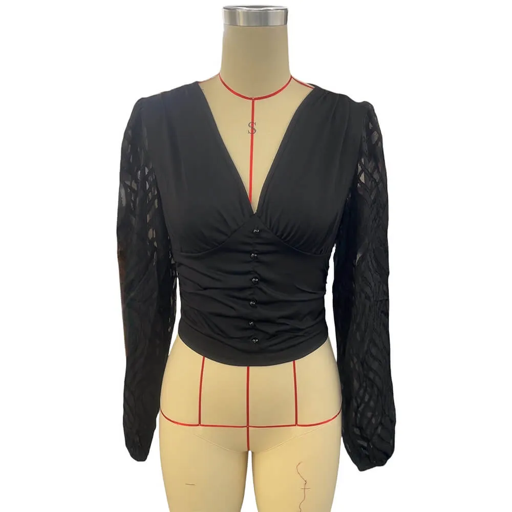 Black Chiffon Lantern Sleeve Pleated V-Neck Top sold by GTHIC product image thumbnail 5