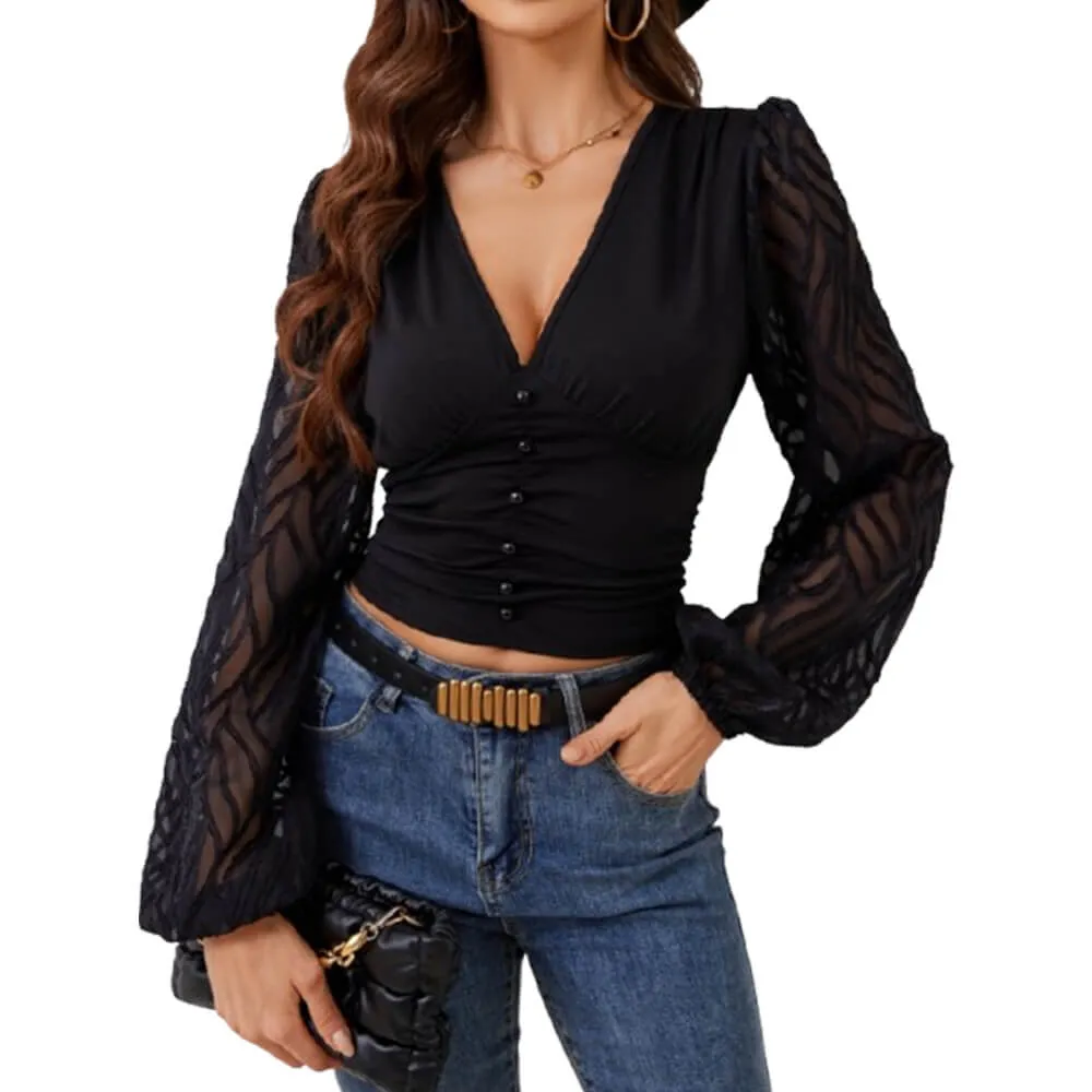 Black Chiffon Lantern Sleeve Pleated V-Neck Top sold by GTHIC