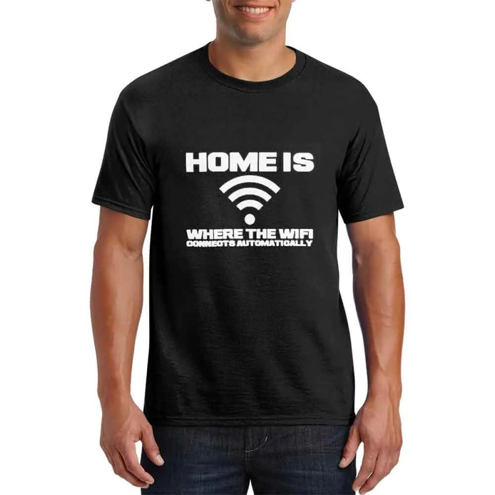 Home Is Where The Wifi Cotton Crew Neck T-shirt sold by GTHIC
