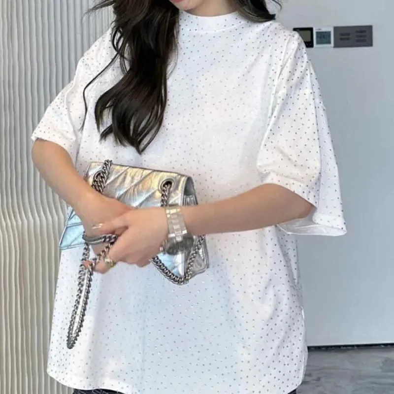 White Rhinestone Washed Distressed Loose T-Shirt made by GTHIC