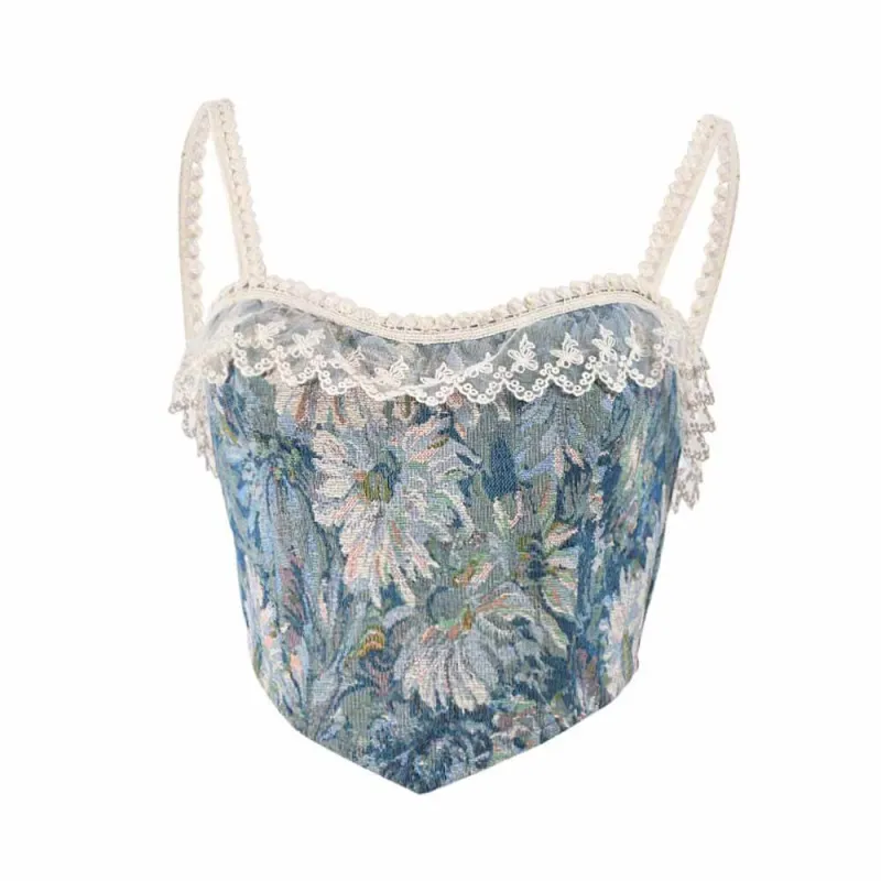 Irregular Lace-Up Flowers Print Suspenders Vest Top sold by GTHIC