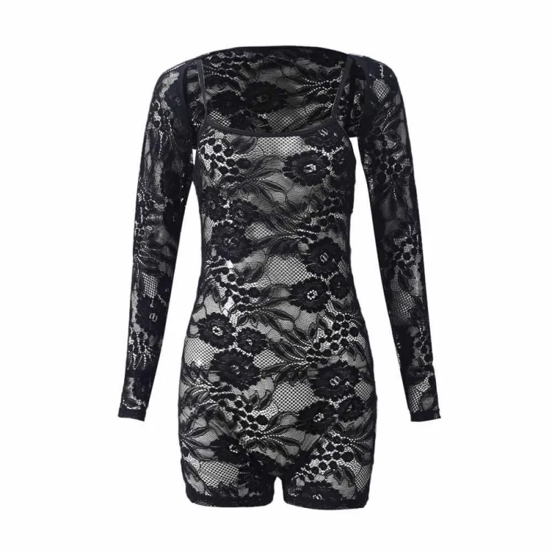 Sexy Hollow See-Through Lace Suspender Bodysuit sold by GTHIC