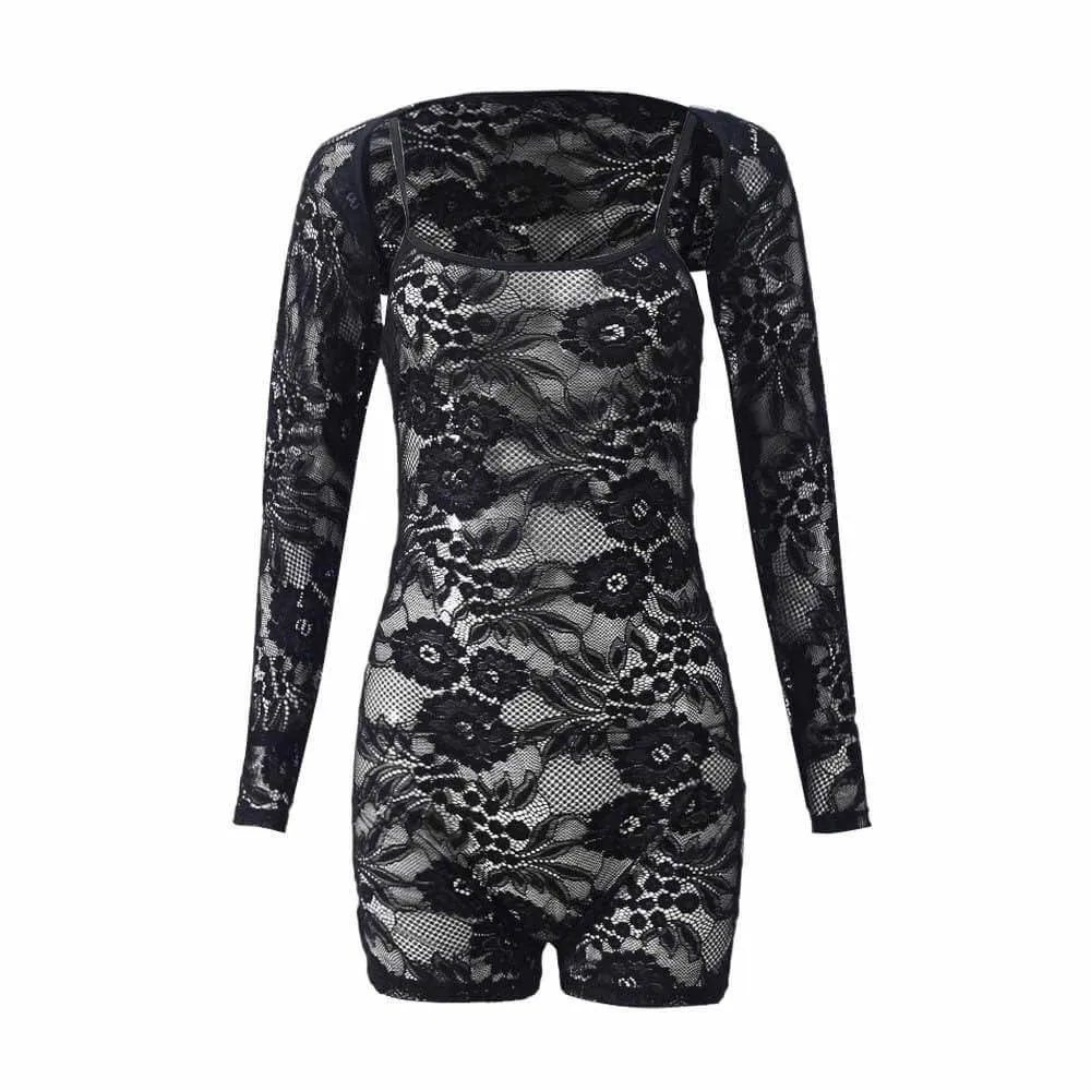 Sexy Hollow See-Through Lace Suspender Bodysuit sold by GTHIC