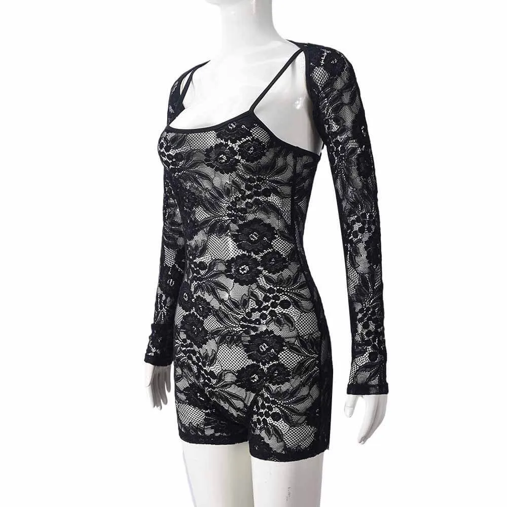 Sexy Hollow See-Through Lace Suspender Bodysuit sold by GTHIC product image thumbnail 2