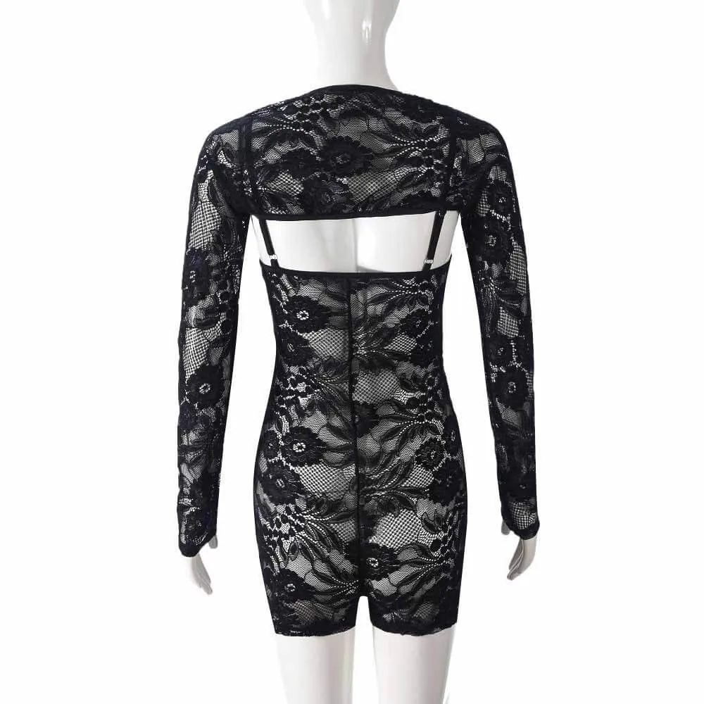 Sexy Hollow See-Through Lace Suspender Bodysuit sold by GTHIC product image thumbnail 3