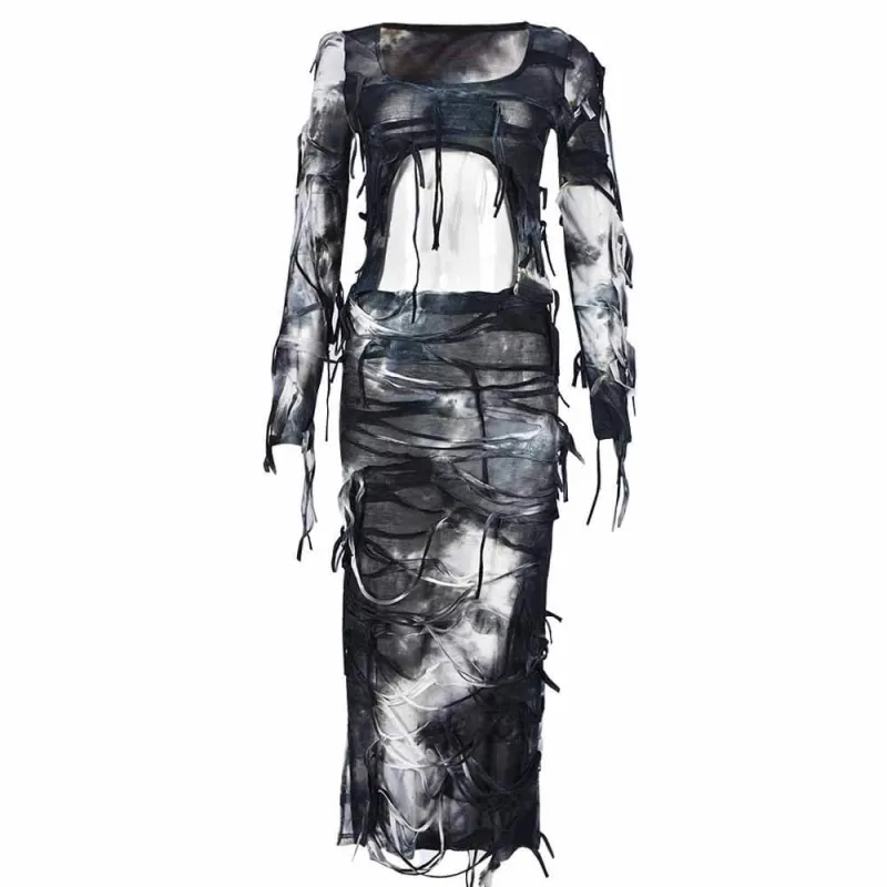 Sexy Tie-Dye Navel-Baring Tassel Slit Dress sold by GTHIC