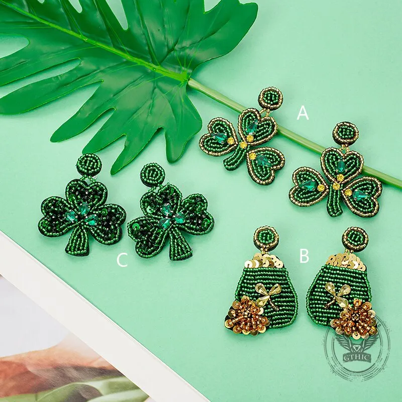 Fashion Saint Patrick's Day Green Shamrock Rice Bead Earrings sold by GTHIC