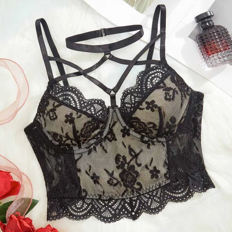 Black Embroidered See-Through Lace Halter Camisole sold by GTHIC