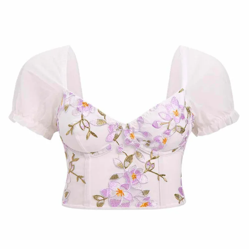 Floral Embroidered Puff Sleeve Waist Crop Top sold by GTHIC