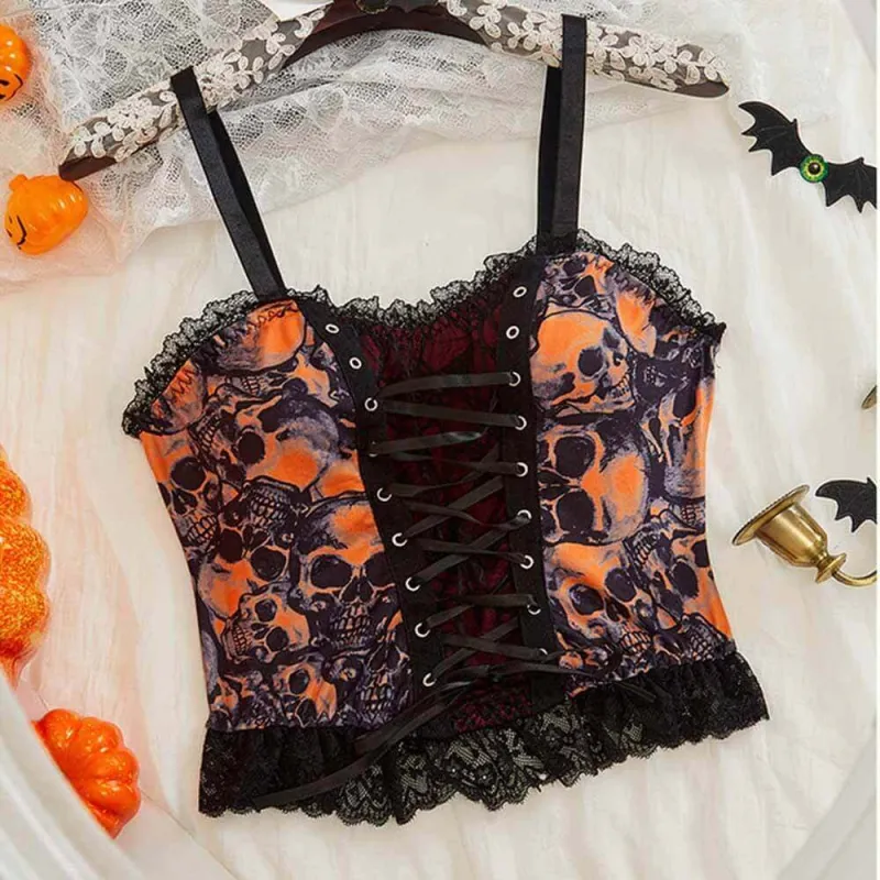 Gothic Skull Print Lace-Up Lace Panel Cami Top sold by GTHIC