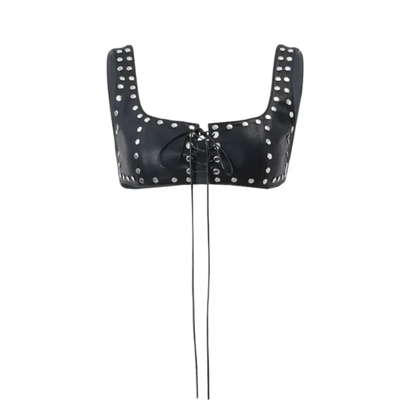 Punk Rivet Lace-Up Design Pu Leather Crop Vest Top sold by GTHIC