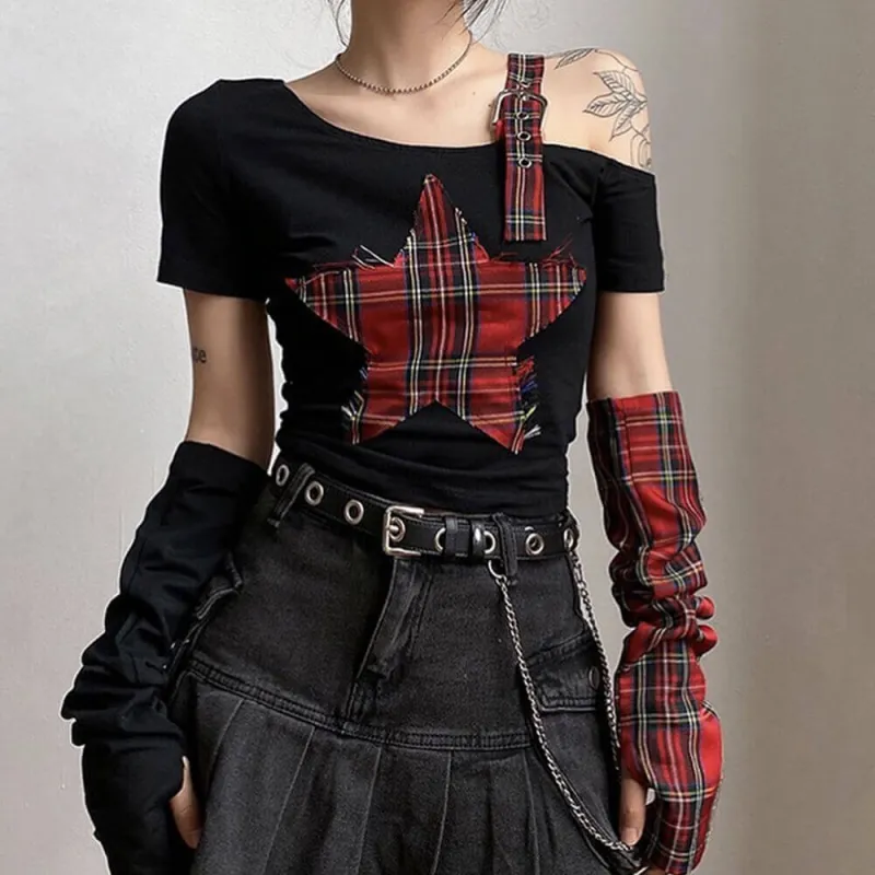Punk Plaid Patchwork Five-Pointed Star Irregular Top sold by GTHIC