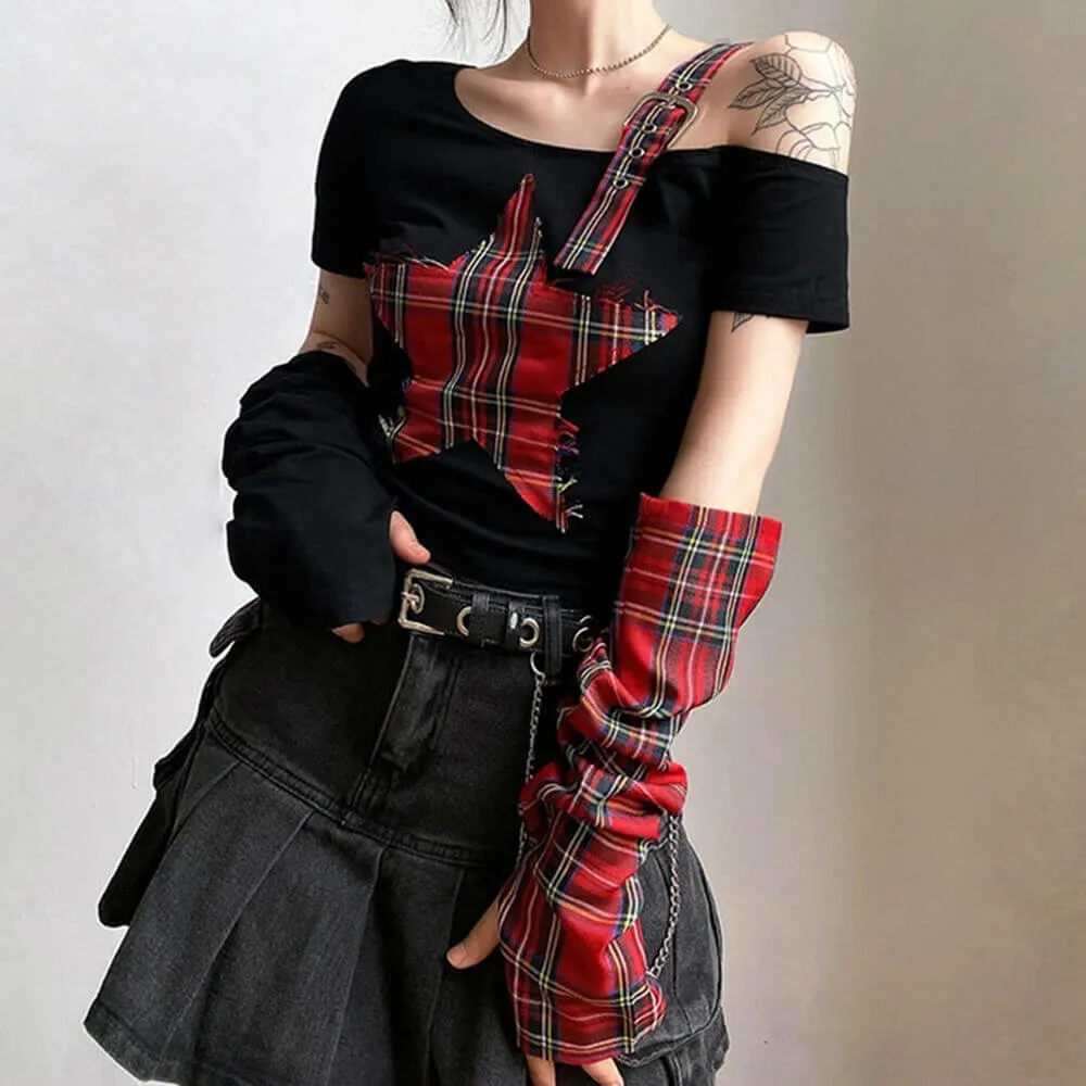 Punk Plaid Patchwork Five-Pointed Star Irregular Top sold by GTHIC product image thumbnail 2