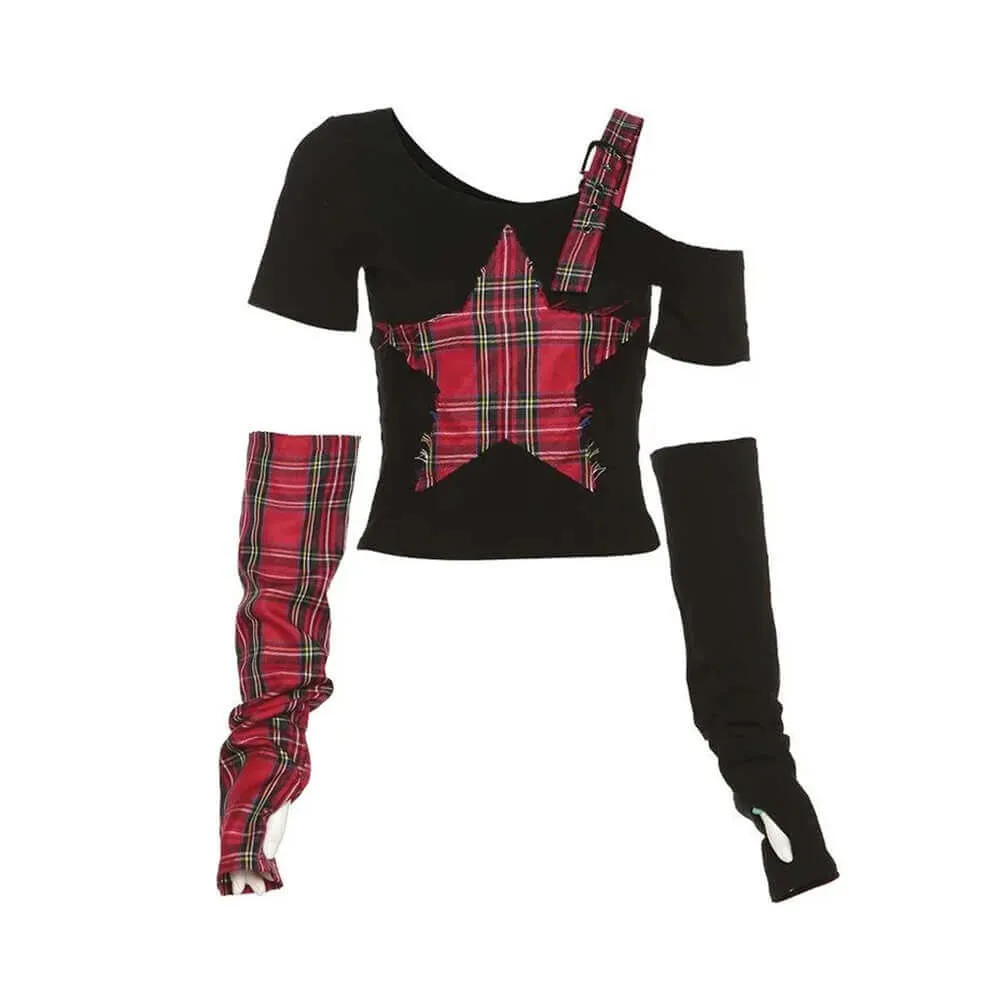 Punk Plaid Patchwork Five-Pointed Star Irregular Top sold by GTHIC product image thumbnail 3