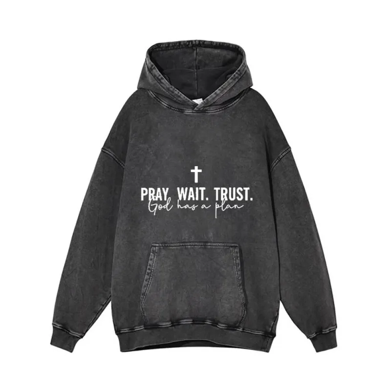 Pray Wait Trust Cross Pattern Vintage Washed Hoodie sold by GTHIC