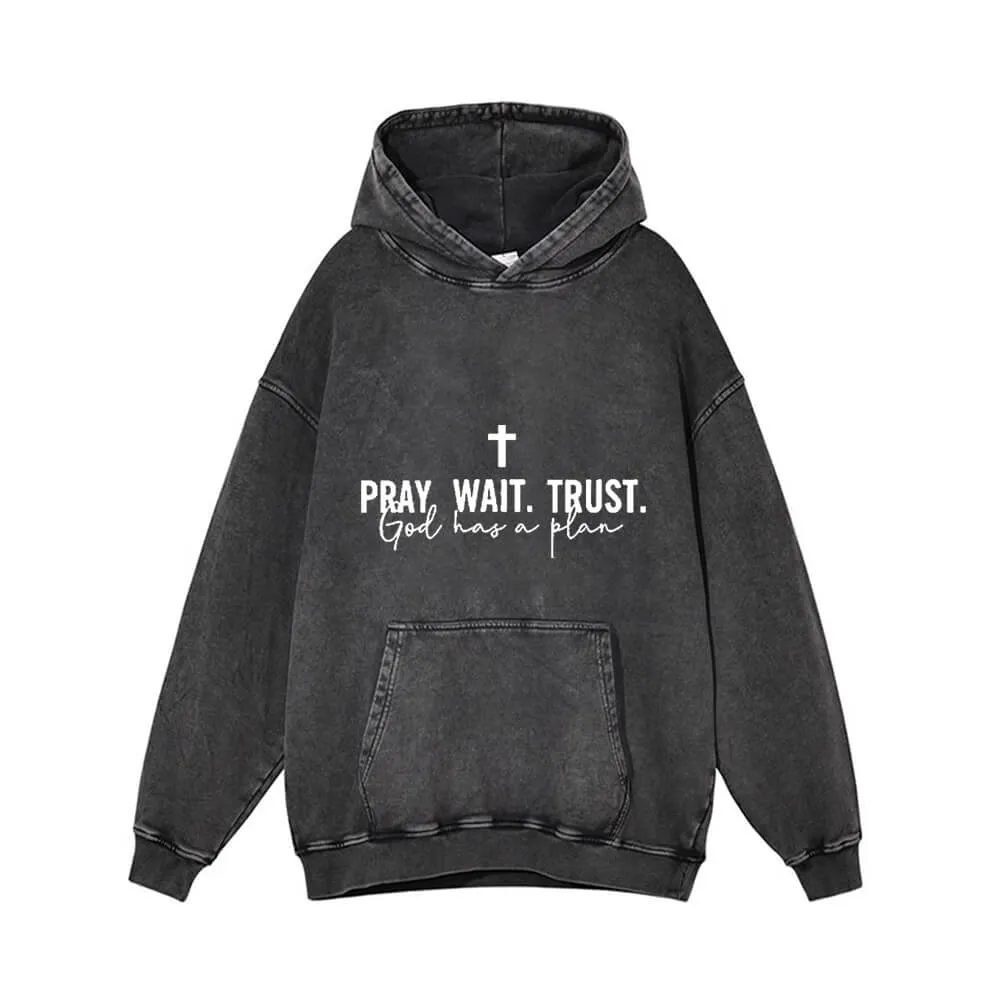Pray Wait Trust Cross Pattern Vintage Washed Hoodie sold by GTHIC