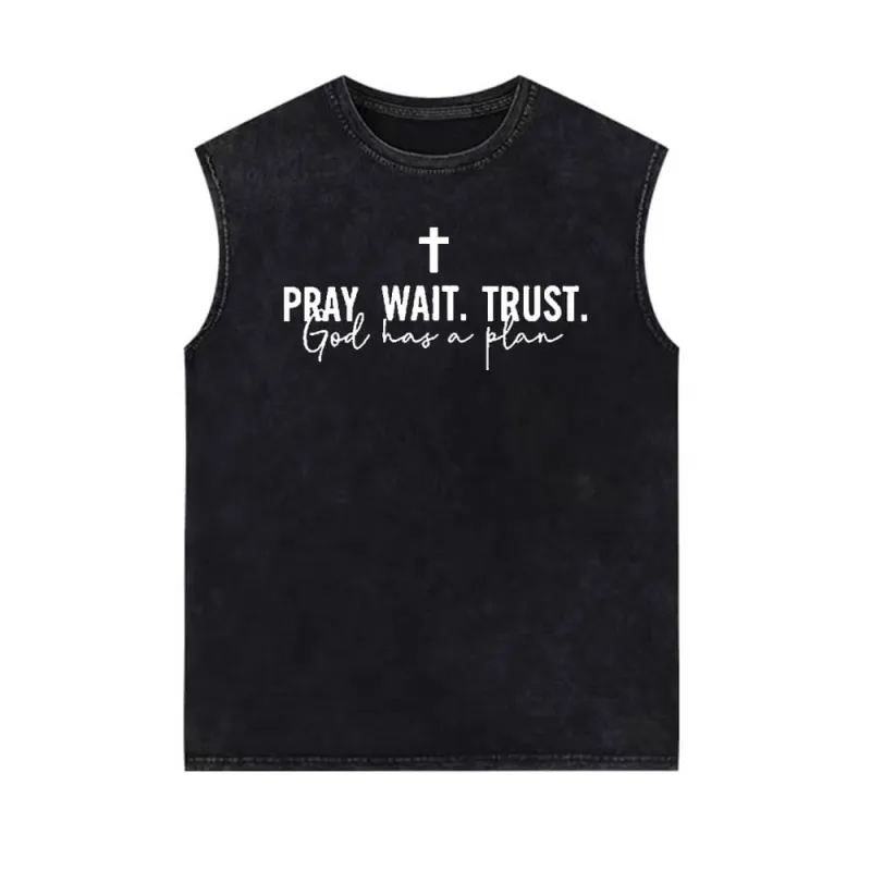 Pray Wait Trust Cross Pattern Vintage Washed Vest Top sold by GTHIC