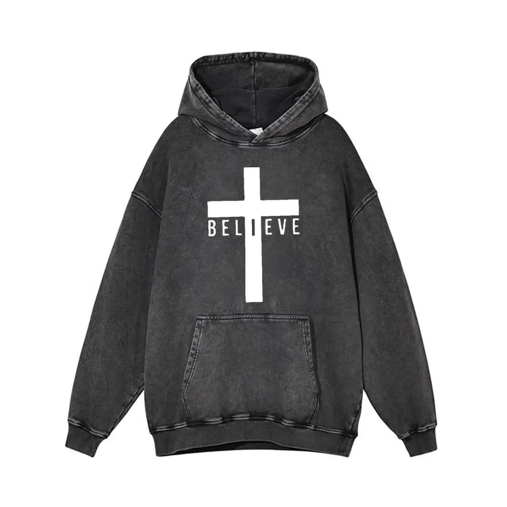 Cross Believe Print Vintage Washed Hoodie sold by GTHIC