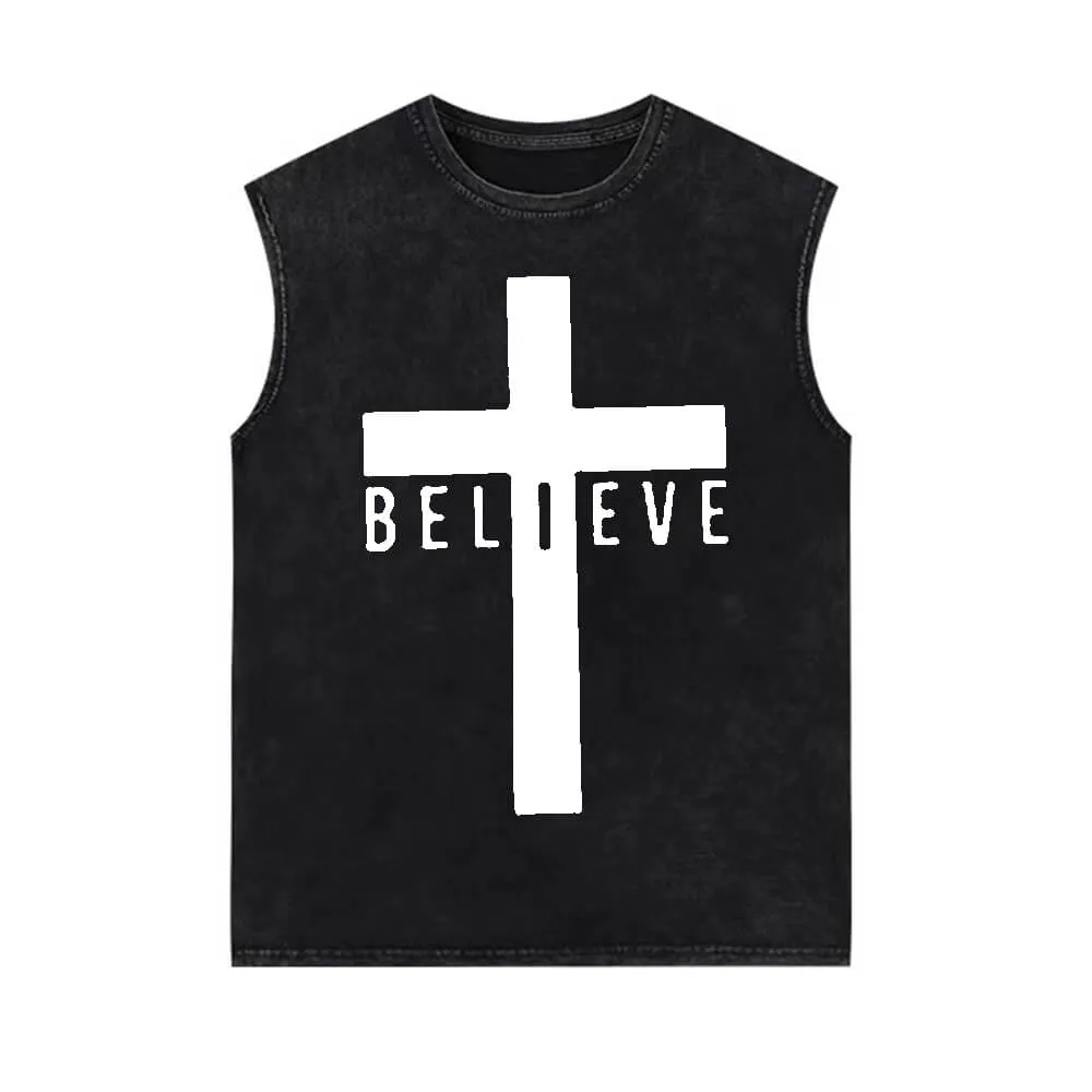 Cross Believe Print Vintage Washed Vest Top sold by GTHIC