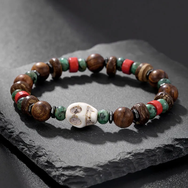 Vintage Skull Beaded Turquoise Wood Bead Bracelet sold by GTHIC