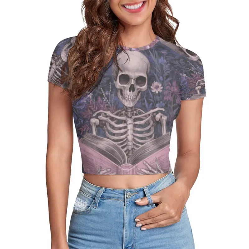 Skeleton is Reading With Flower Tight Navel-Exposed Crop T-Shirt sold by GTHIC