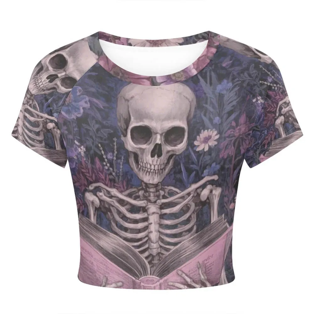 Skeleton is Reading With Flower Tight Navel-Exposed Crop T-Shirt sold by GTHIC product image thumbnail 3