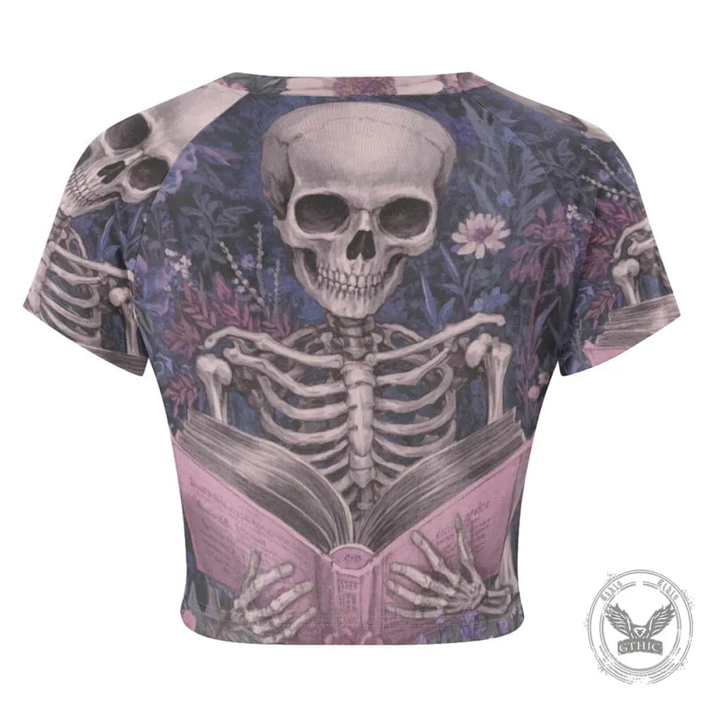 Skeleton is Reading With Flower Tight Navel-Exposed Crop T-Shirt sold by GTHIC product image thumbnail 4