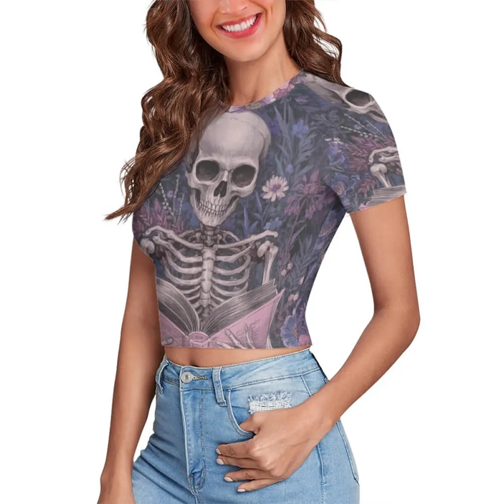 Skeleton is Reading With Flower Tight Navel-Exposed Crop T-Shirt sold by GTHIC product image thumbnail 2