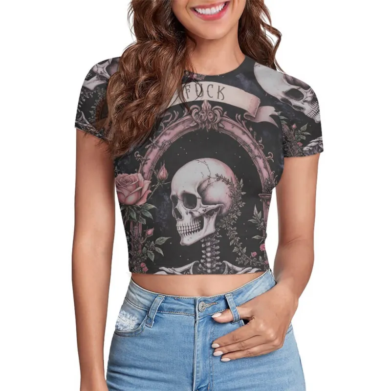 Fuck Flower Skeleton Tight Navel-Exposed Crop T-Shirt sold by GTHIC