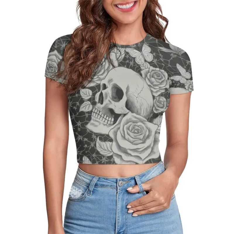 Skull Rose Tight Navel-Exposed Crop T-shirt sold by GTHIC