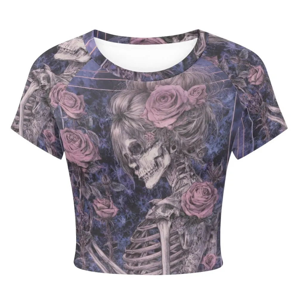 Skull Girl and Rose Tight Navel-Exposed Crop T-Shirt sold by GTHIC product image thumbnail 3
