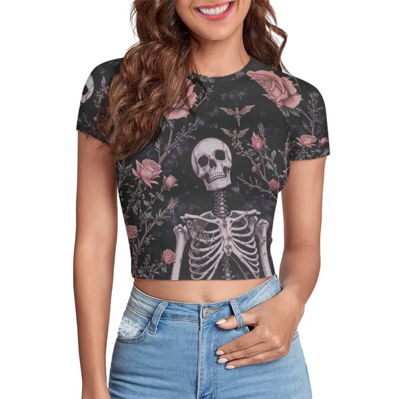 Rose Skeleton Tight Navel-Exposed Crop T-Shirt sold by GTHIC