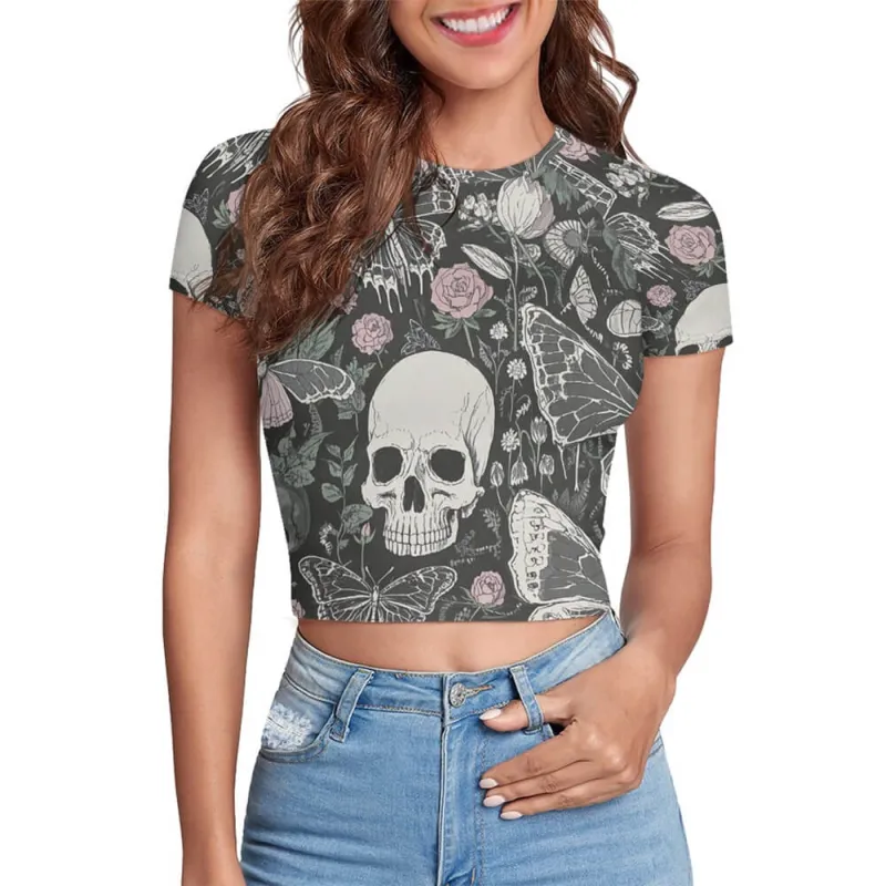 Butterfly Skull Flowers Tight Navel-Exposed Crop T-Shirt sold by GTHIC