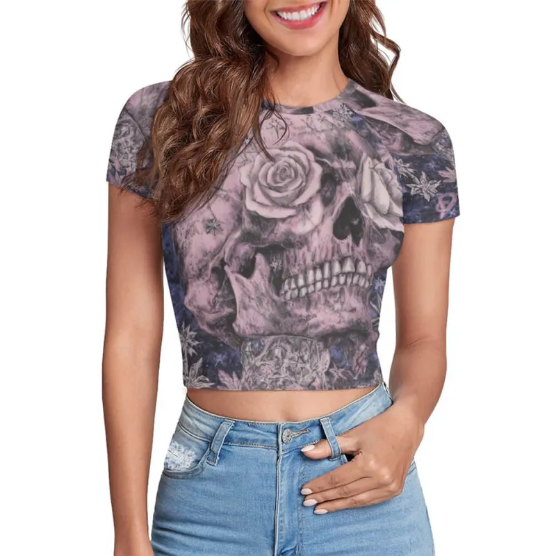 Love Skull Flower Tight Navel-Exposed Crop T-Shirt sold by GTHIC
